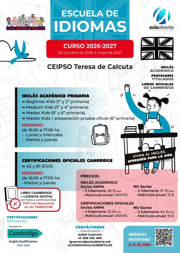 cartel-primaria-ceip-teresa-de-calcuta-san-sebastian-de-los-reyes-escuela-de-idiomas-academia-aula-abierta-2026-2027
