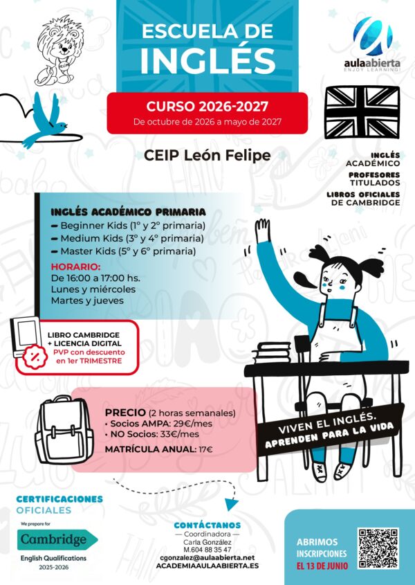 cartel-primaria-ceip-leon-felipe-san-sebastian-de-los-reyes-escuela-de-idiomas-academia-aula-abierta-2026-2027