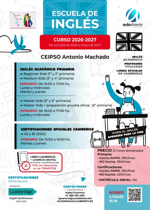 cartel-primaria-ceip-antonio-machado-san-sebastian-de-los-reyes-escuela-de-idiomas-academia-aula-abierta-2026-2027