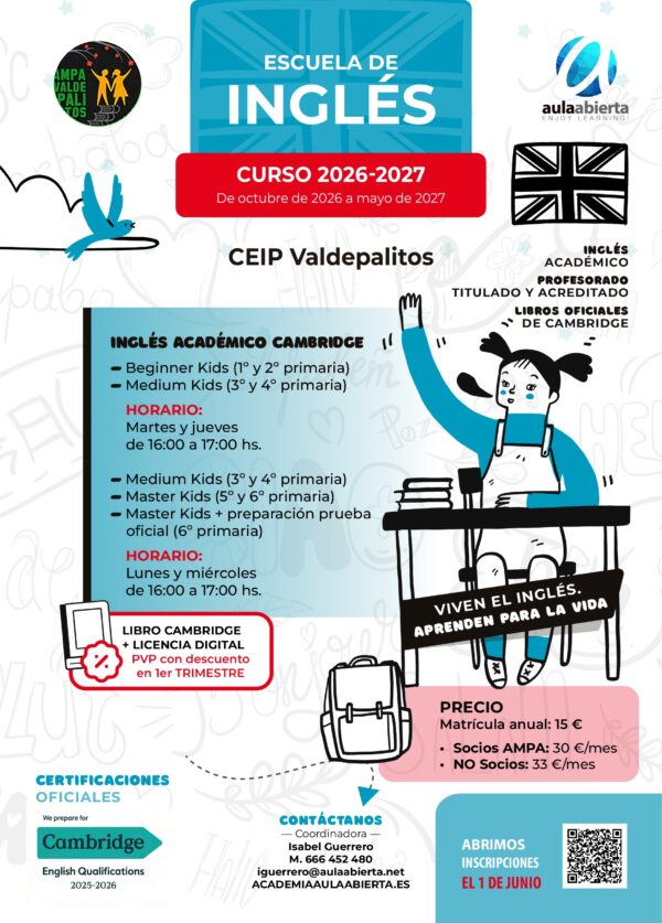 cartel-primaria-valdepalitos-alcobendas-escuela-de-idiomas-academia-aula-abierta-2026-2027